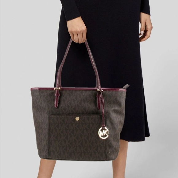 MICHAEL KORS Jet Set Travel Medium Canvas Leather Tote Brown/Red AUTHENTIC - Picture 8 of 10